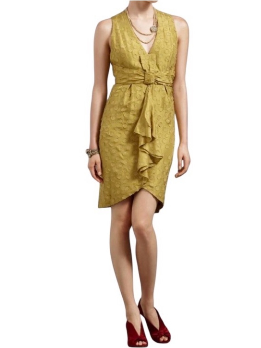 Anthropologie BHLDN Quillaree Silk Yellow Gold Tethered Dots Dress Size 4 $300
